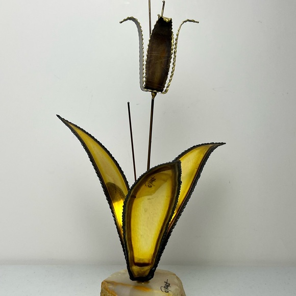 MCM Brutalist Floral Sculpture Brass Copper Signed John DeMott Onyx Base - Picture 9 of 15